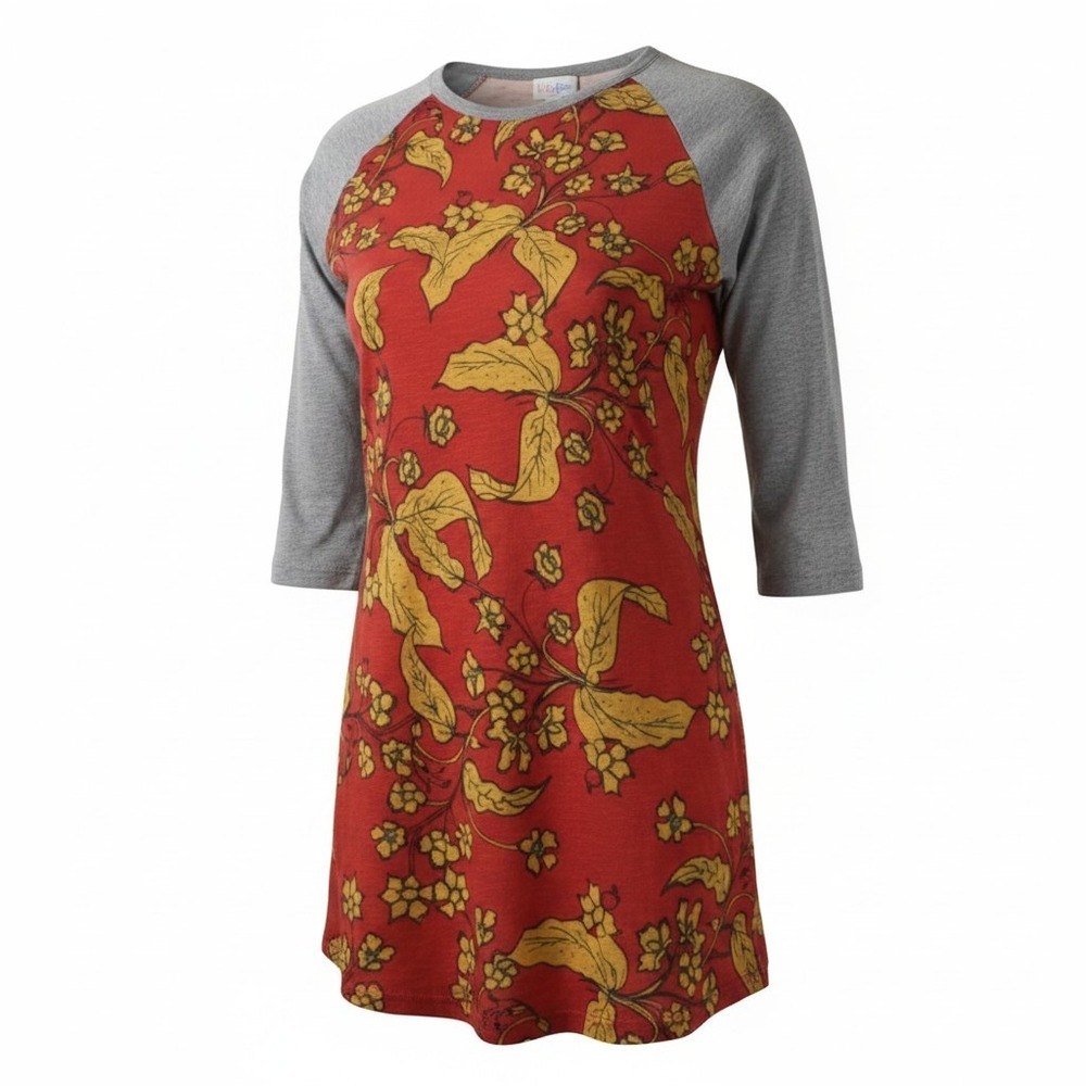 LuLaRoe Randy Baseball Tee Womens Medium Red‎ Floral Gray Raglan 3/4 Sleeve Top